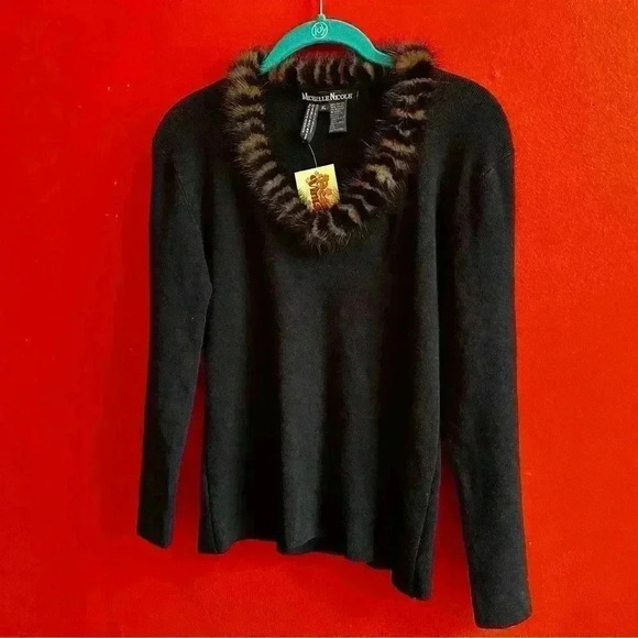 Y2K faux fur trim black fitted sweater top size XL - Picture 5 of 6